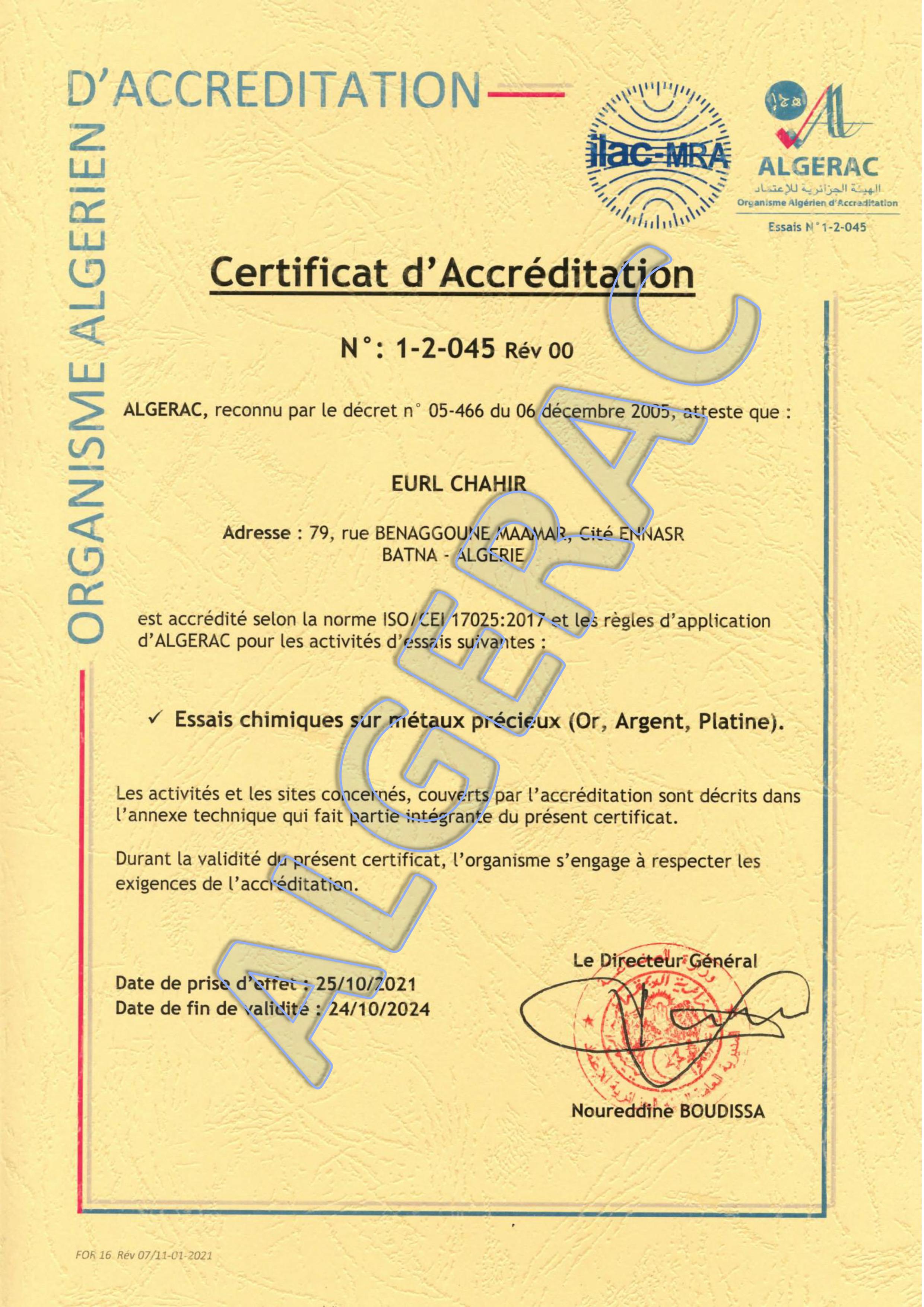 certificat d'accreditation